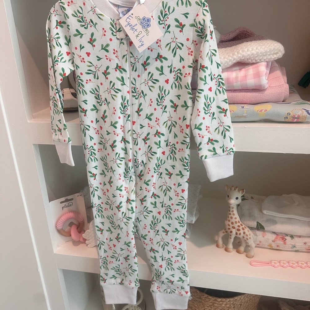 Eyelet & Ivy Christmas Green and Red Holly  Pajamas holiday onesie zip